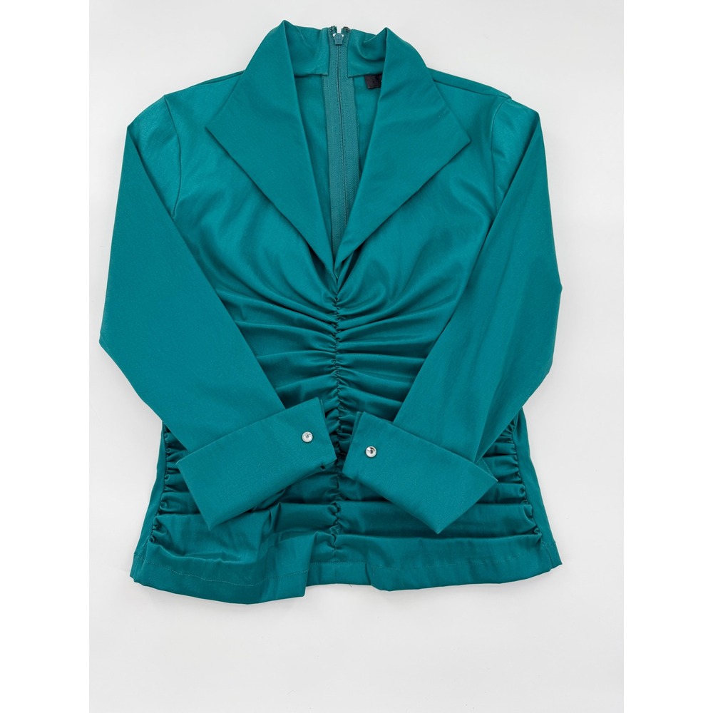Tadashi Shoji Petite Teal Green Ruched Long Sleeve Blouse Top CY9015P Size 10P